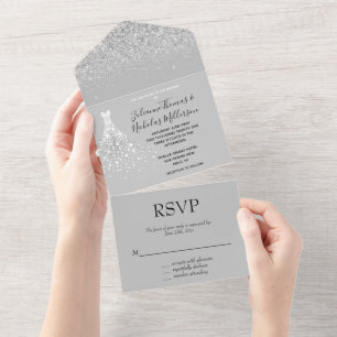 Silver Glitter Confetti White Diamond Dress All In One Invitation