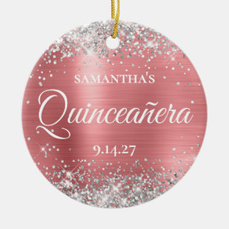 Silver Glitter Coral Glam Quinceañera Photo Ceramic Tree Decoration