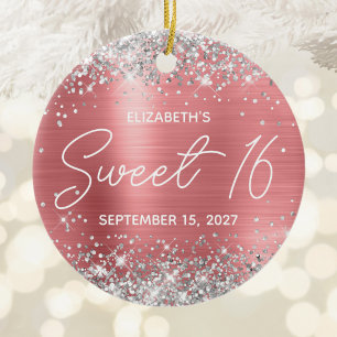 Silver Glitter Coral Modern Fancy Sweet 16 Photo Ceramic Tree Decoration