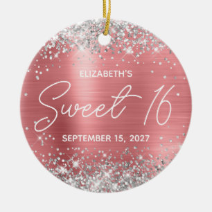 Silver Glitter Coral Modern Fancy Sweet 16 Photo Ceramic Tree Decoration