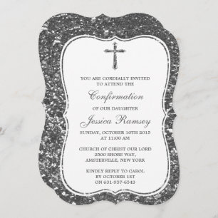 Silver Glitter Cross Holy Communion Confirmation Invitation