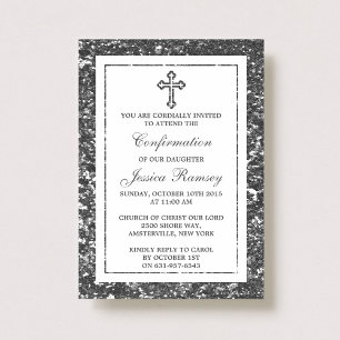 Silver Glitter Cross Holy Communion / Confirmation Invitation