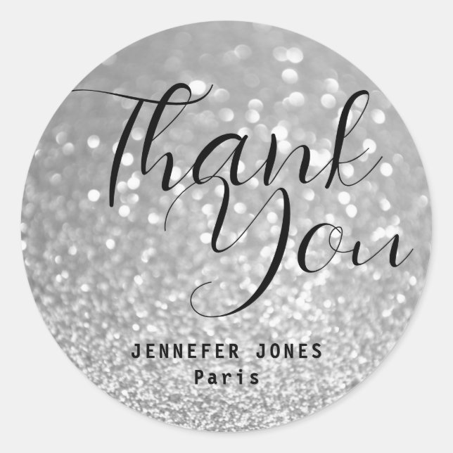 Silver Glitter Crystal Bokeh Thank You Shipping  Classic Round Sticker (Front)