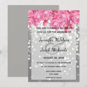 Silver glitter crystals pink floral wedding invitation