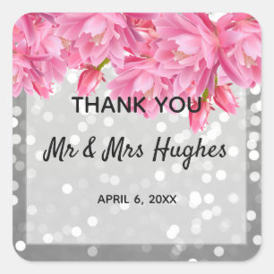 Silver glitter crystals pink floral wedding square sticker