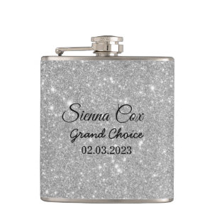 Silver Glitter Custom Name Hip Flask