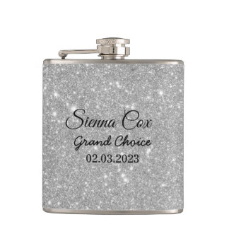 Silver Glitter Custom Name  Hip Flask