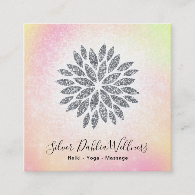 ~ Silver Glitter Dahlia Pastel Rainbow AP2 Square Business Card (Front)
