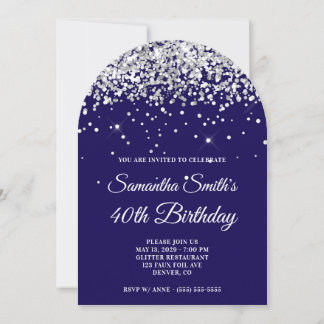 Silver Glitter Dark Blue Photo 40th Birthday Invitation