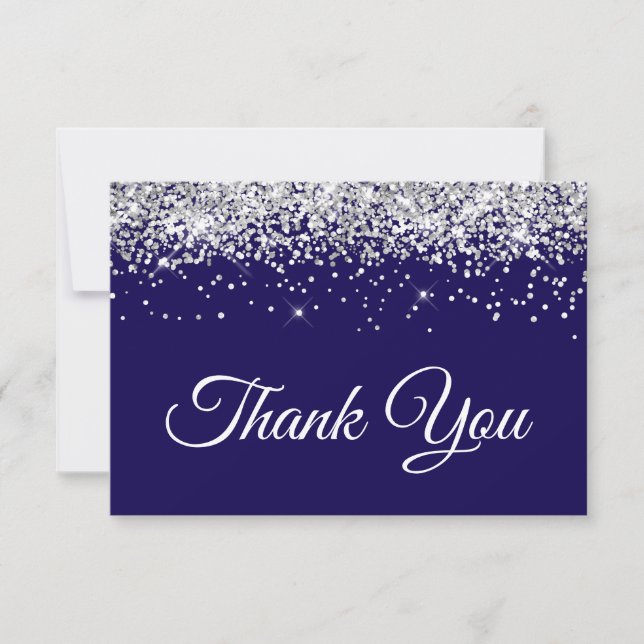 Silver Glitter Dark Blue Sweet 16 Thank You Card (Front)
