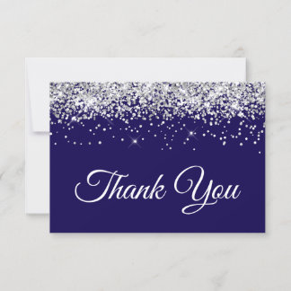 Silver Glitter Dark Blue Sweet 16 Thank You Card