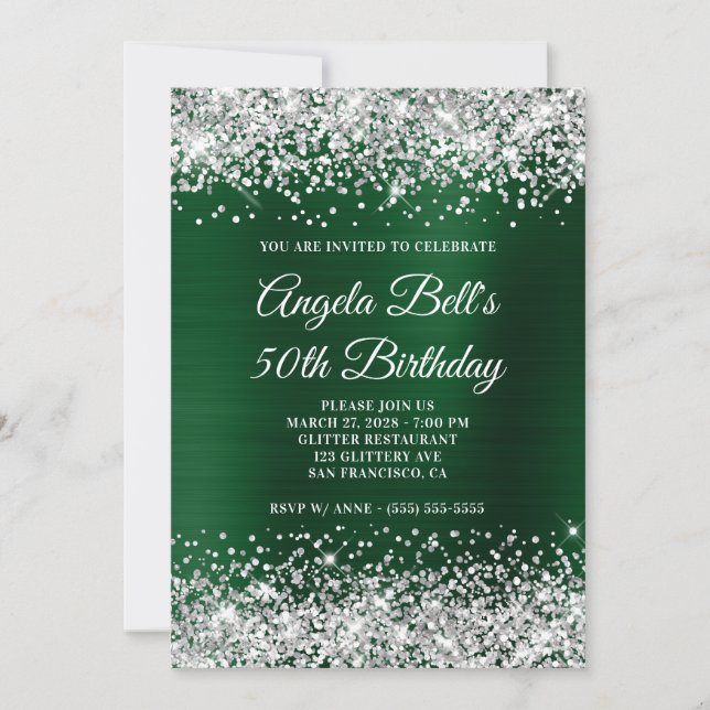 Silver Glitter Dark Green Foil 50th Birthday Invitation (Front)
