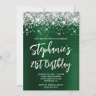 Silver Glitter Dark Green Foil Bold 21st Birthday Invitation