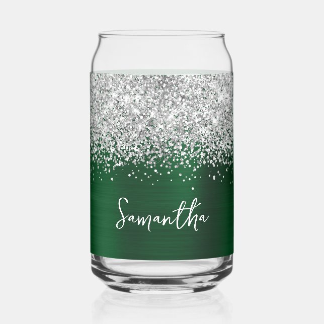 Silver Glitter Dark Green Glam Name Can Glass (Front)