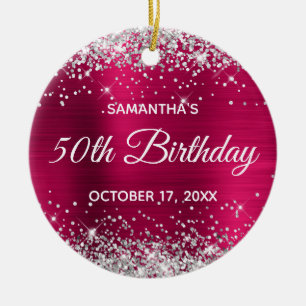 Silver Glitter Dark Pink Foil 50th Birthday Ceramic Tree Decoration
