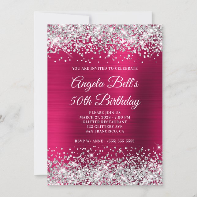 Silver Glitter Dark Pink Foil 50th Birthday Invitation (Front)