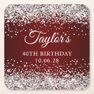 Silver Glitter Dark Red 40th Birthday Square Paper Coaster