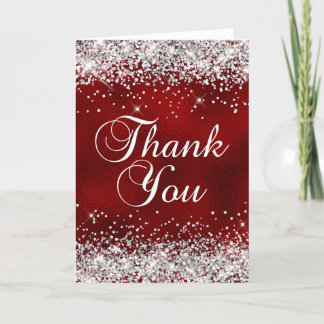 Silver Glitter Dark Red Glass Foil Thank You Card