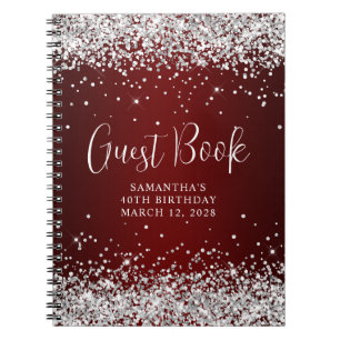 Silver Glitter Dark Red Ombre 40th Birthday Guest Notebook