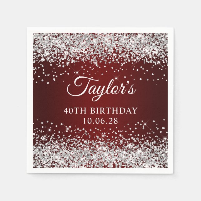 Silver Glitter Dark Red Ombre 40th Birthday Napkin (Front)