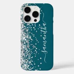 Silver Glitter Dark Teal Girly Signature iPhone 16 Pro Case