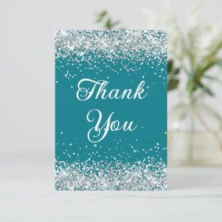 Silver Glitter Dark Turquoise 40th Birthday Thank You Card