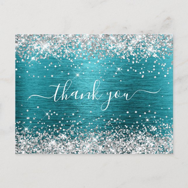 Silver Glitter Dark Turquoise Birthday Thank You Postcard (Front)