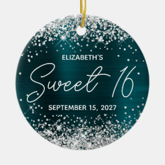 Silver Glitter Dark Turquoise Fancy Sweet 16 Photo Ceramic Tree Decoration
