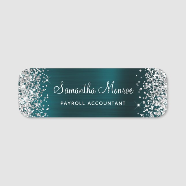 Silver Glitter Dark Turquoise Foil Name Title Tag (Front)