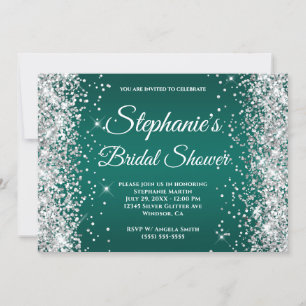 Silver Glitter Dark Turquoise Ombre Fancy Monogram Invitation