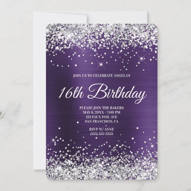 Silver Glitter Dark Violet Foil 16th Birthday Invitation (Front)