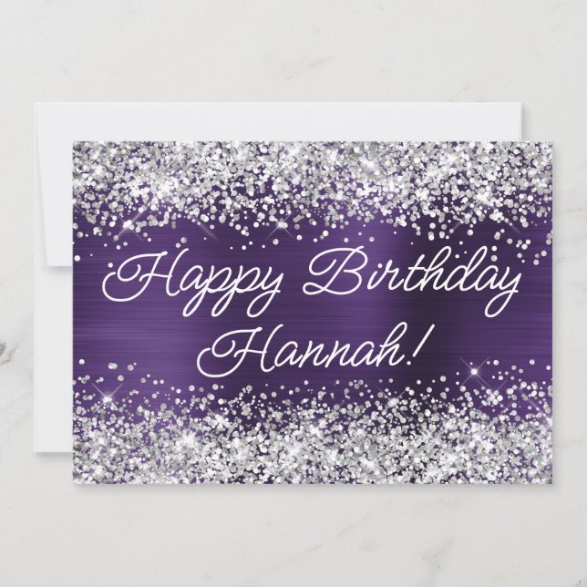 Silver Glitter Dark Violet Foil Happy Birthday Card (Front)