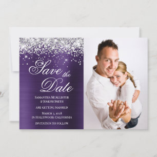 Silver Glitter Dark Violet Foil Photo Save The Date