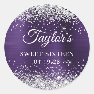 Silver Glitter Dark Violet Foil Sweet Sixteen Classic Round Sticker