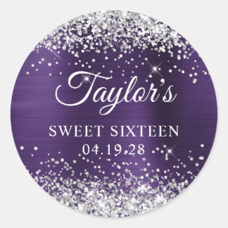 Silver Glitter Dark Violet Foil Sweet Sixteen Classic Round Sticker