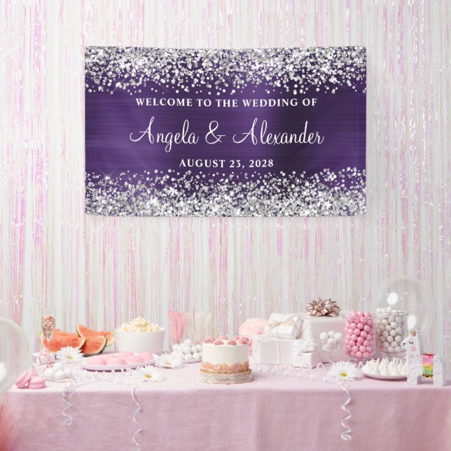 Silver Glitter Dark Violet Foil Wedding Welcome Banner (Party)