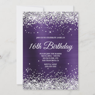 Silver Glitter Dark Violet Ombre Foil Monogram Invitation