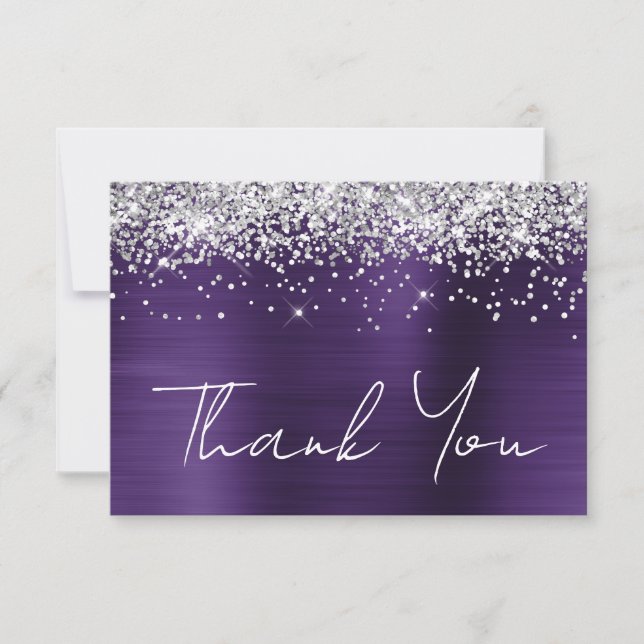 Silver Glitter Dark Violet Purple 21st Birthday Thank You Card (Front)