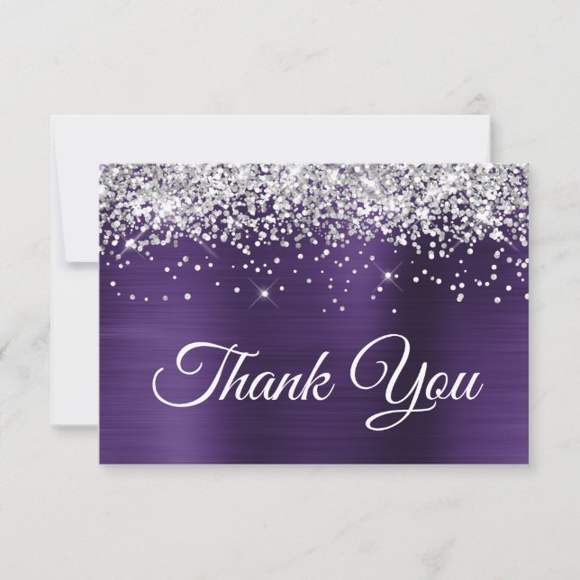 Silver Glitter Dark Violet Purple 50th Birthday Thank You Card (Front)