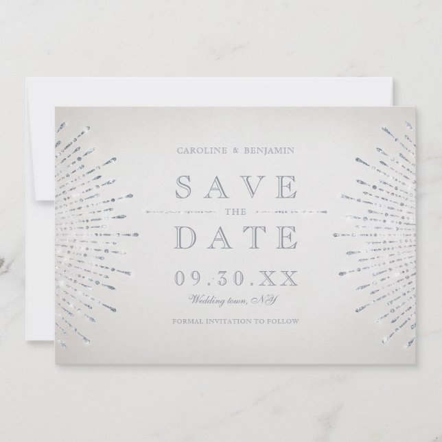 Silver glitter deco vintage wedding save the date (Front)