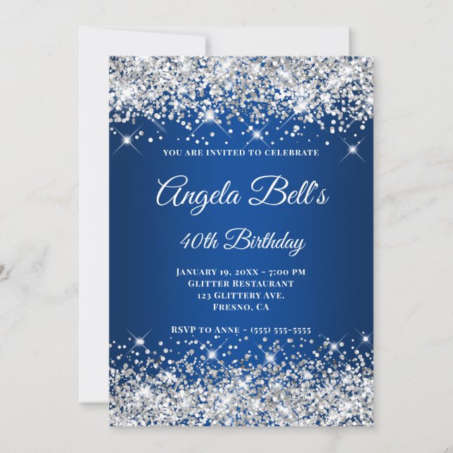 Silver Glitter Deep Blue Ombre Fancy Monogram Invitation (Front)