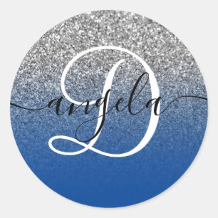 Silver Glitter Deep Blue Ombre Monogrammed Classic Round Sticker