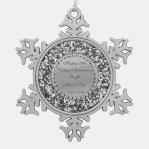 Silver  Glitter  Diamond 50th Wedding Anniversary Snowflake Pewter Christmas Ornament