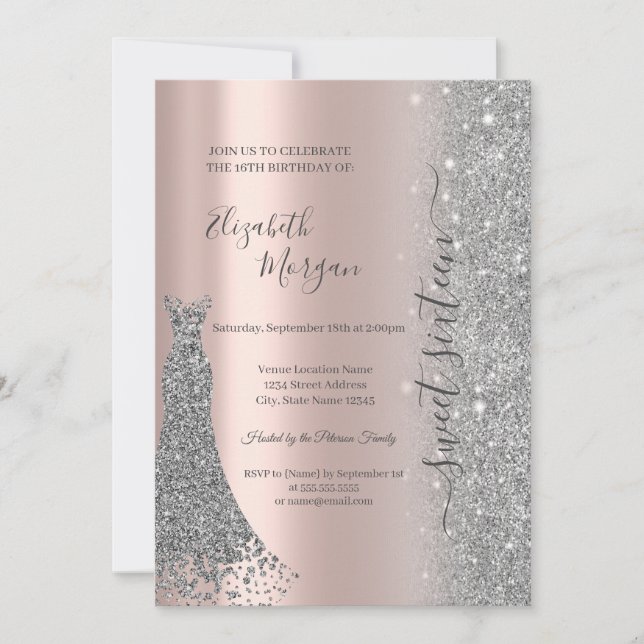 Silver Glitter Diamond Dress Rose Gold Sweet 16 Invitation (Front)