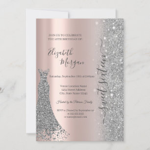 Silver Glitter Diamond Dress Rose Gold Sweet 16 Invitation