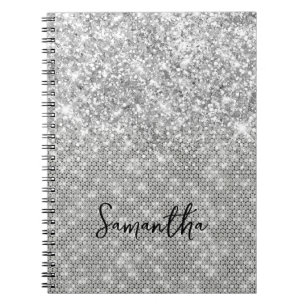 Silver Glitter Diamond Glam Script Name Notebook