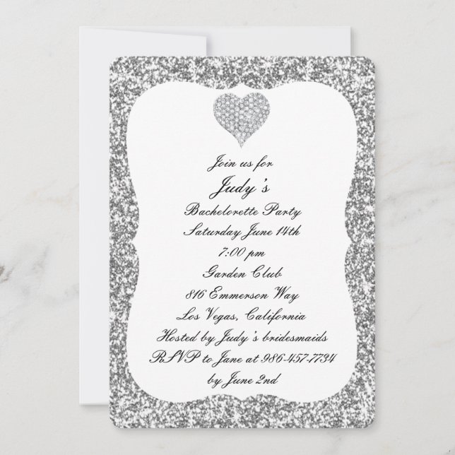 Silver Glitter Diamond Heart Bachelorette Party Invitation (Front)