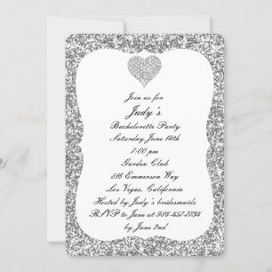 Silver Glitter Diamond Heart Bachelorette Party Invitation