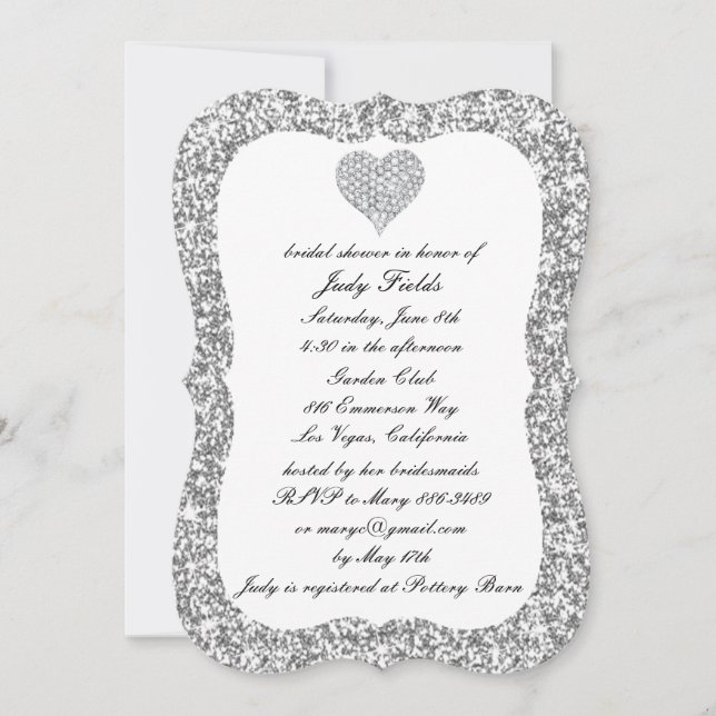 Silver Glitter Diamond Heart Bridal Shower Invite (Front)