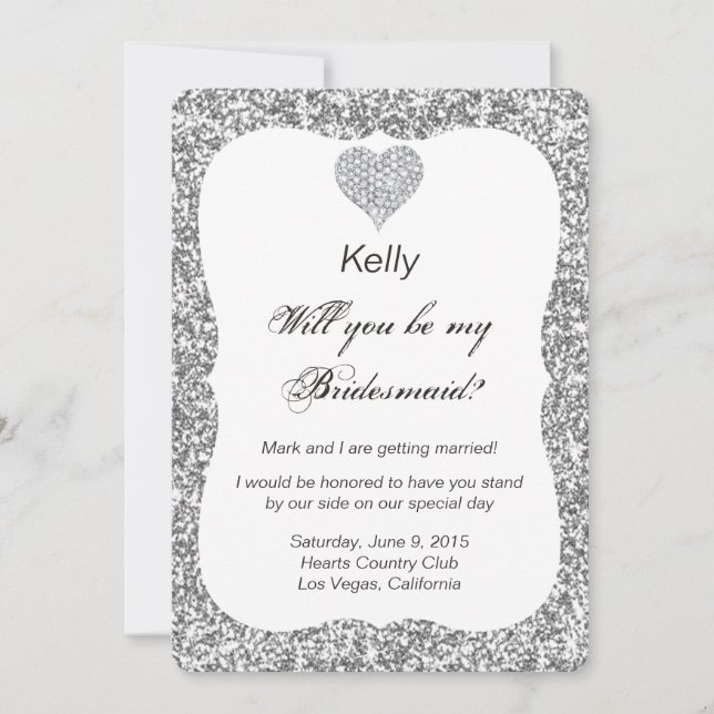 Silver Glitter Diamond Heart Bridesmaid Card (Front)